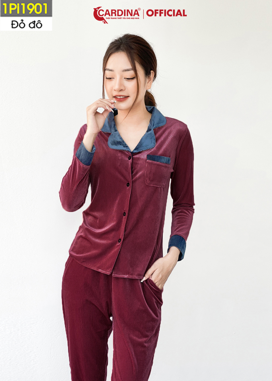 Đồ Bộ Nữ CARDINA Pijama Chất Nhung Tăm Cao Cấp Áo Dài Tay Phối Cổ Quần Dài Kiểu Dáng Sang Trọng 1Pi19