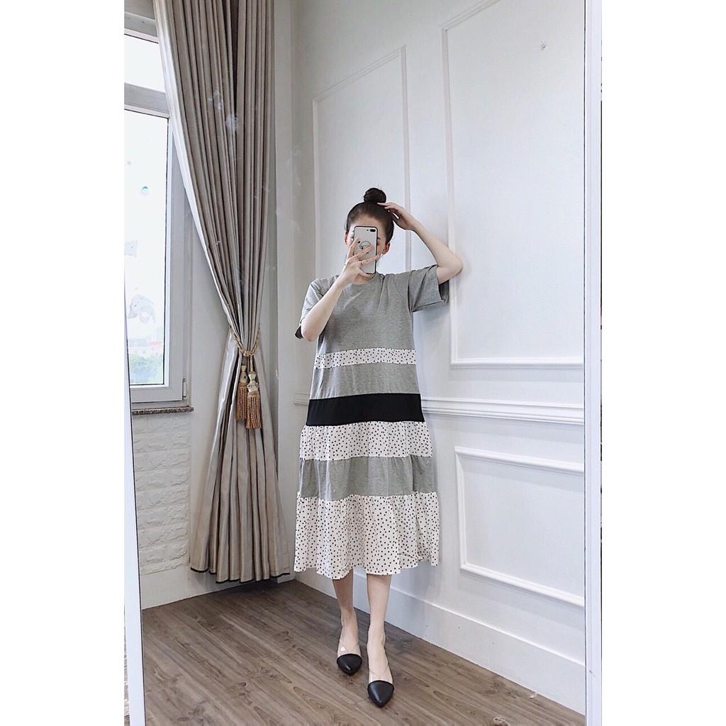 VÁY BẦU SUÔNG RỘNG DÀI 45-65kg chất cotton pha lụa váy chấm bi mùa hè cộc tay