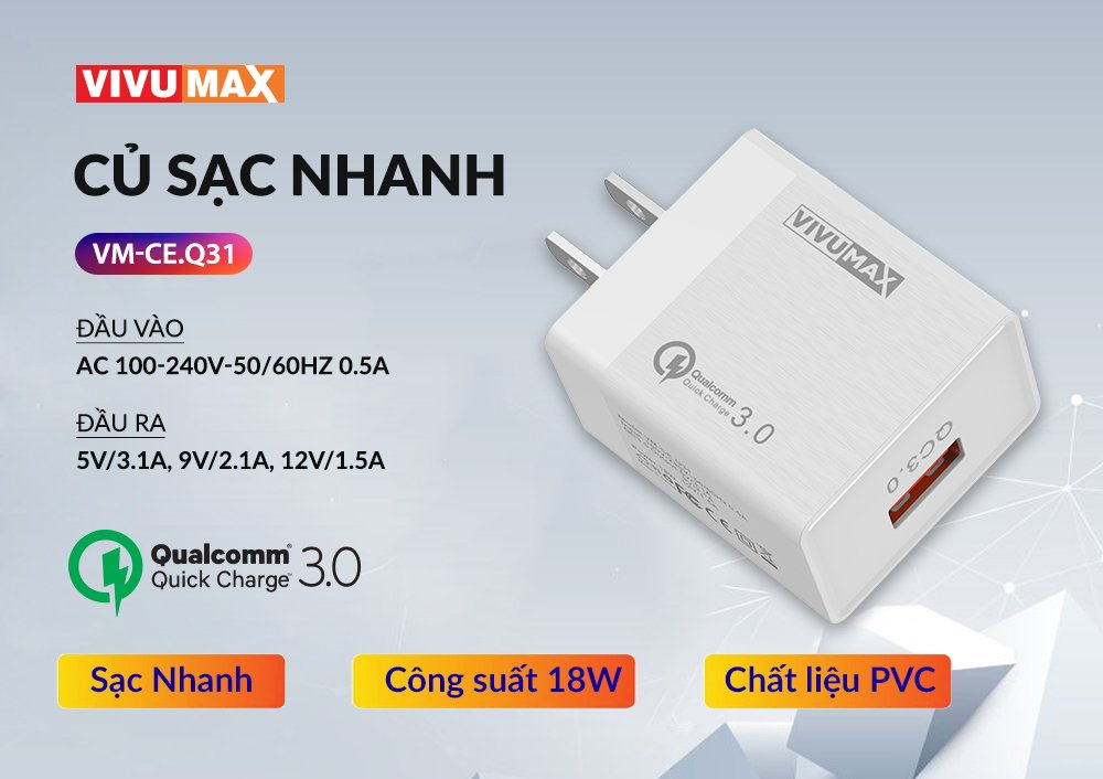 Củ Sạc nhanh cao cấp VivuMax CE.Q31 sạc nhanh công nghệ Qualcomm QC3.0, Sạc nhanh 5V-3A, 18W, tương thích hầu hết các thiết bị – Hàng Chính Hãng