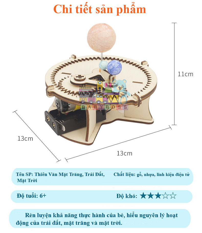 Đồ Chơi Khoa Học Tự Làm, Đồ Chơi Lắp Ghép STEM Thiên Văn Mặt Trời Mặt Trăng Trái Đất, Đồ Chơi Gỗ Cao Cấp Khoa Học Tự Làm DIY Wood Steam-Chính Hãng BABYBOSS.