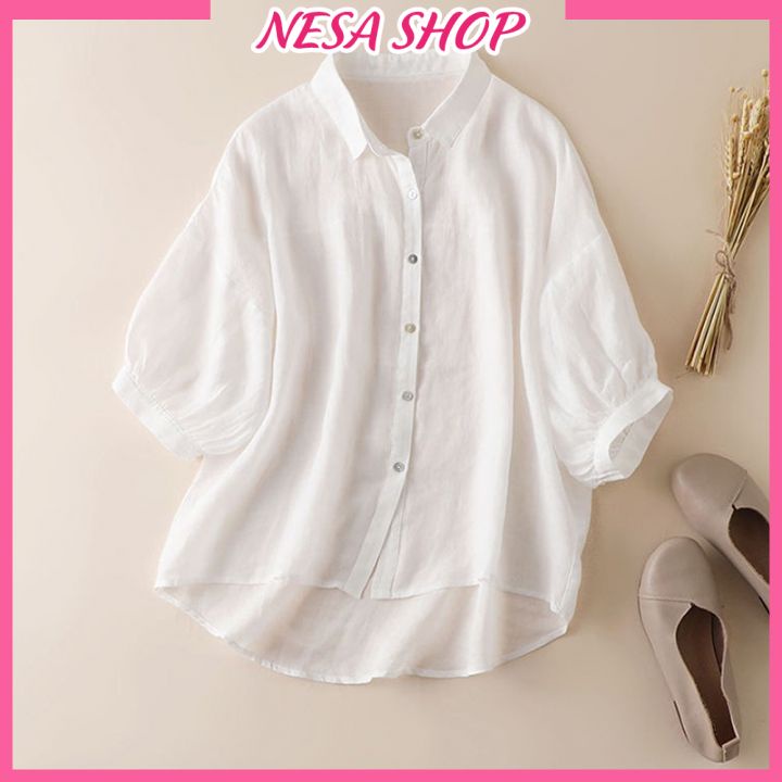 Áo sơ mi nữ cổ Đức NeSa Shop, tay lỡ, Chất liệu Đũi mềm mịn, thoáng mát, áo kiểu nữ form rộng SMH.038
