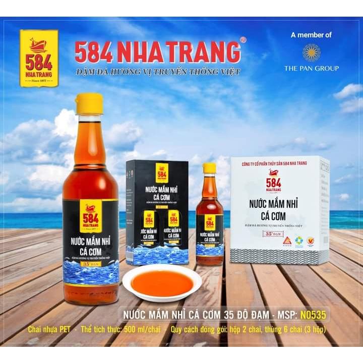 Thùng 6 chai Nước mắm Nhỉ Cá cơm 35 độ đạm- 584 Nha Trang- Chai PET - Chai 500ml, Date luôn mới nhất.