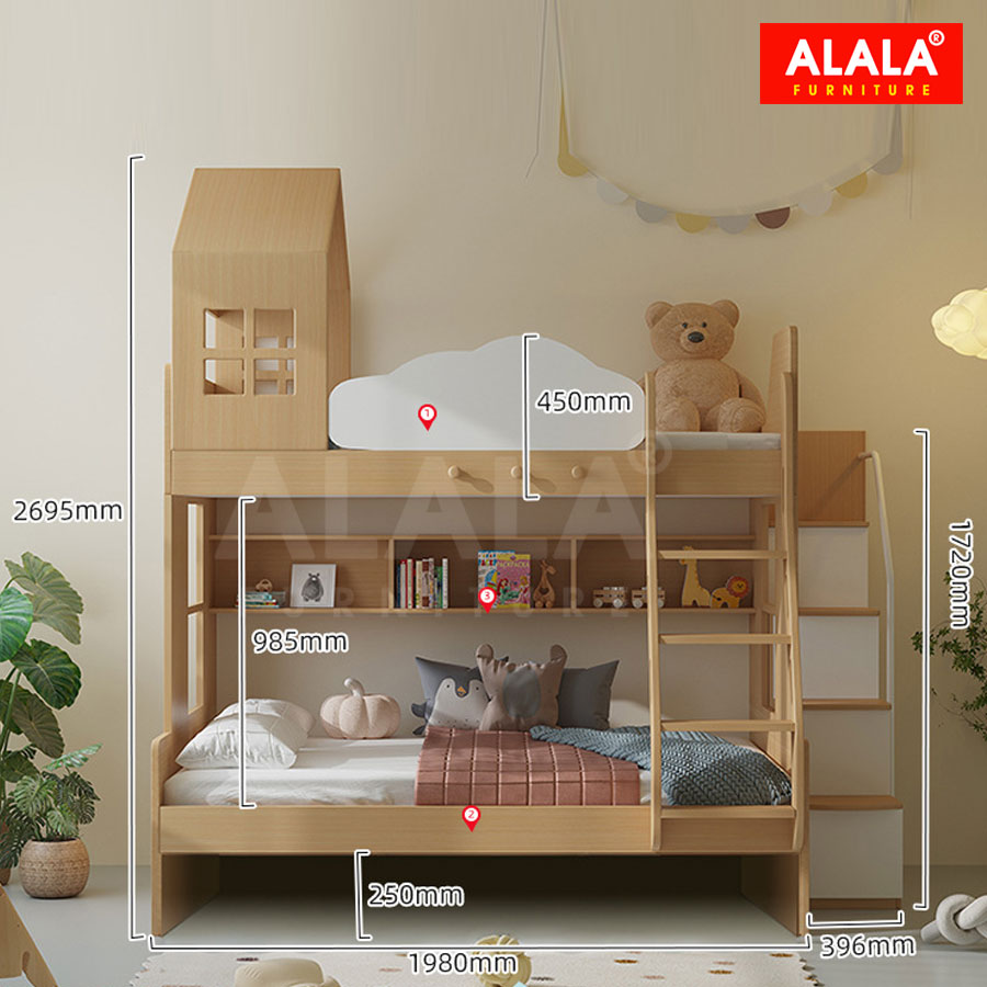 Giường tầng cho bé ALALA158 đa năng/ Miễn phí vận chuyển và lắp đặt/ Đổi trả 30 ngày/ Sản phẩm được bảo hành 5 năm từ thương hiệu ALALA/ Chịu lực 700kg
