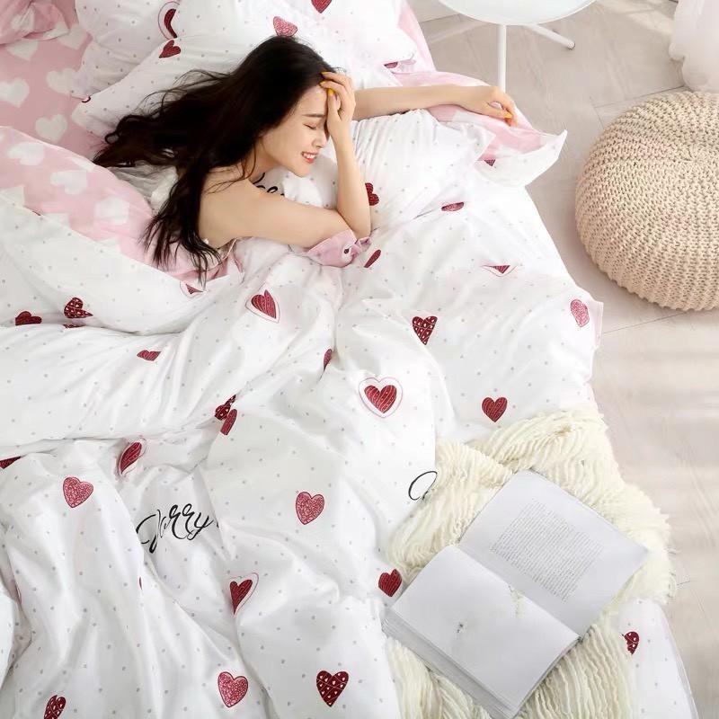 CHĂN GA GỐI POLY COTTON TIM HỒNG, SÉT CHĂN GA GỐI 5 MÓN -PP