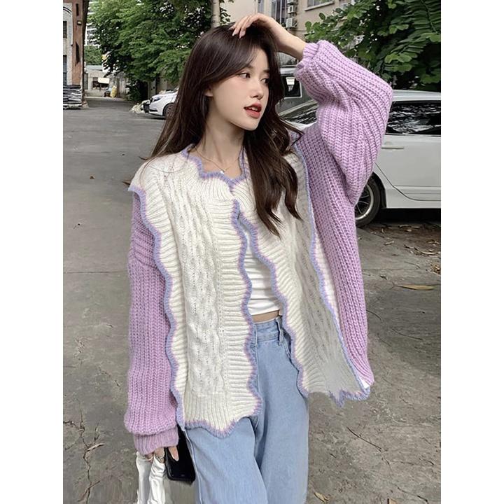 Cardigan Len | Áo Khoác Cardigan Len Nữ Dệt Kim Dày Dặn Phối Trắng Tím Viền Lượn Sóng Ulzzang Hàn Quốc