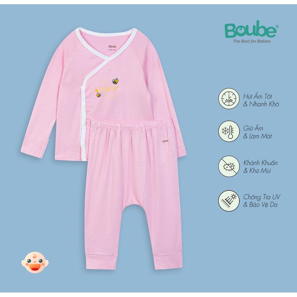 Bộ quần áo dài tay cúc bấm chéo màu trơn Boube - Chất liệu Petit mềm mịn - Size Newborn dành cho bé từ 0-3M