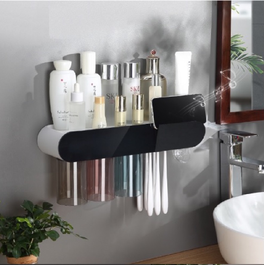 Kệ Nhả Kem 3 Cốc, Cắm Bàn Chải, Giá Để Bàn Chải Đánh Răng Treo Tường Gia Đình Để Đồ Đa Năng Không Khoan Tường