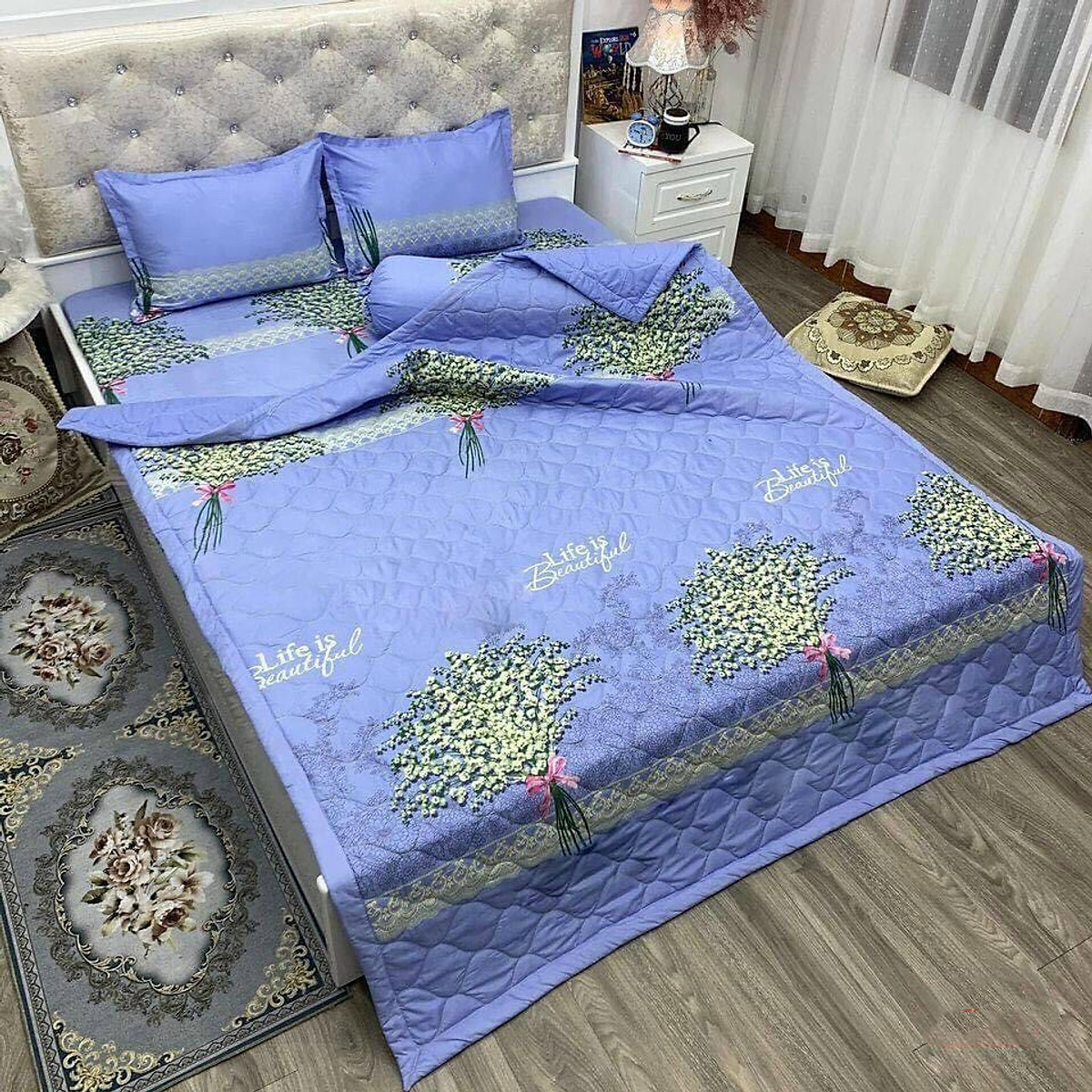 Chăn Hè Hoa Lá Hàn Quốc Siêu Nhẹ Chất Liệu Cotton Poly Thấm Hút Mồ Hôi Thoáng Mát, Mền Chần Bông 3 Lớp Mẫu Hoa Baby - Tặng 10 chiếc chun