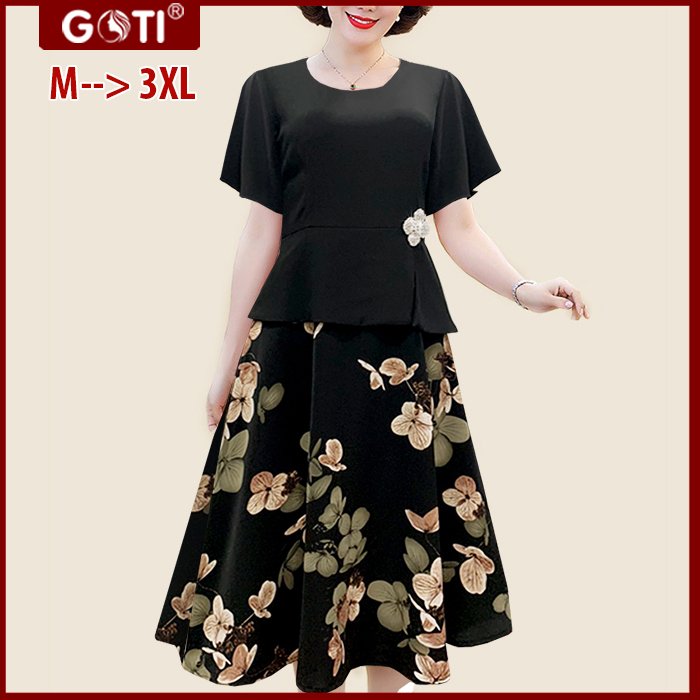 GOTI - Đầm Trung Niên BigSize Dáng Dài Kiểu Đầm Dự Tiệc Trung Niên Dáng Xòe Phối Phụ Kiện Cho Mẹ U40 U50 3330