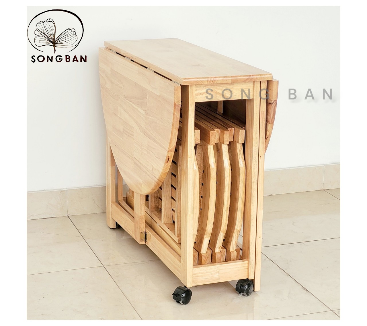 Bộ Bàn Ăn Gỗ Cao Su Xếp Chữ Nhật, Ovan 90x1m2 và 04 Ghế Gỗ Xếp Dày Dặn - Gỗ Song Bản