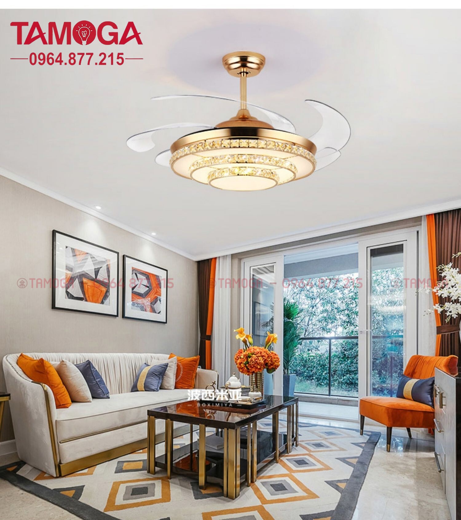 Quạt trần đèn pha lê hiện đại sang trọng cho gia đình phòng khách và phòng ăn TAMOGA 2252 Động cơ 6 số + Tặng kèm điều khiển từ xa HÀNG CHÍNH HÃNG