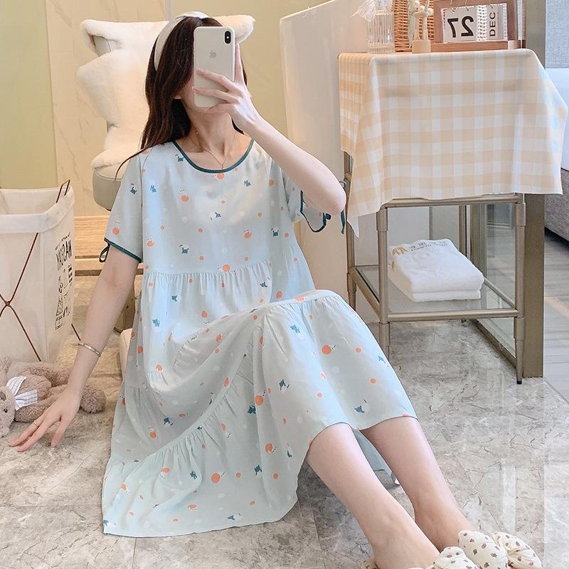 Váy đầm ngủ mặc nhà, áo ngủ ngắn tay xếp tầng chữ A Cotton lụa tự nhiên mềm mại thoáng mát măc mùa hè mã VAV0469 - M01 Vàng nghệ hoa