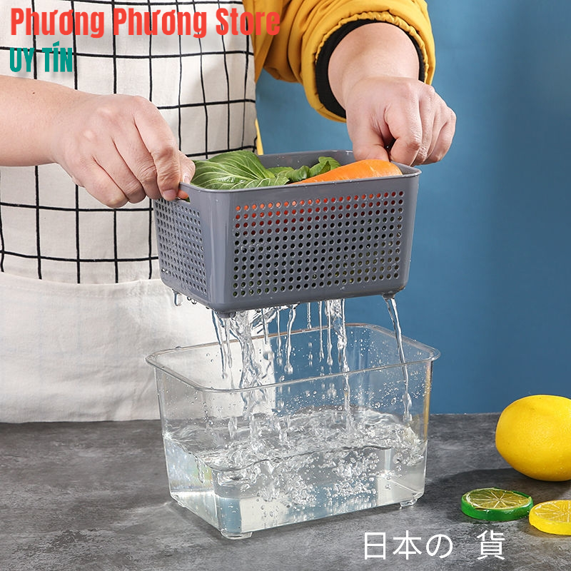 Hộp Bảo Quản Thực Phẩm Tủ Lạnh 2 lớp Trong Suốt, Giúp Ráo Nước Bảo Quản Tiện Lợi