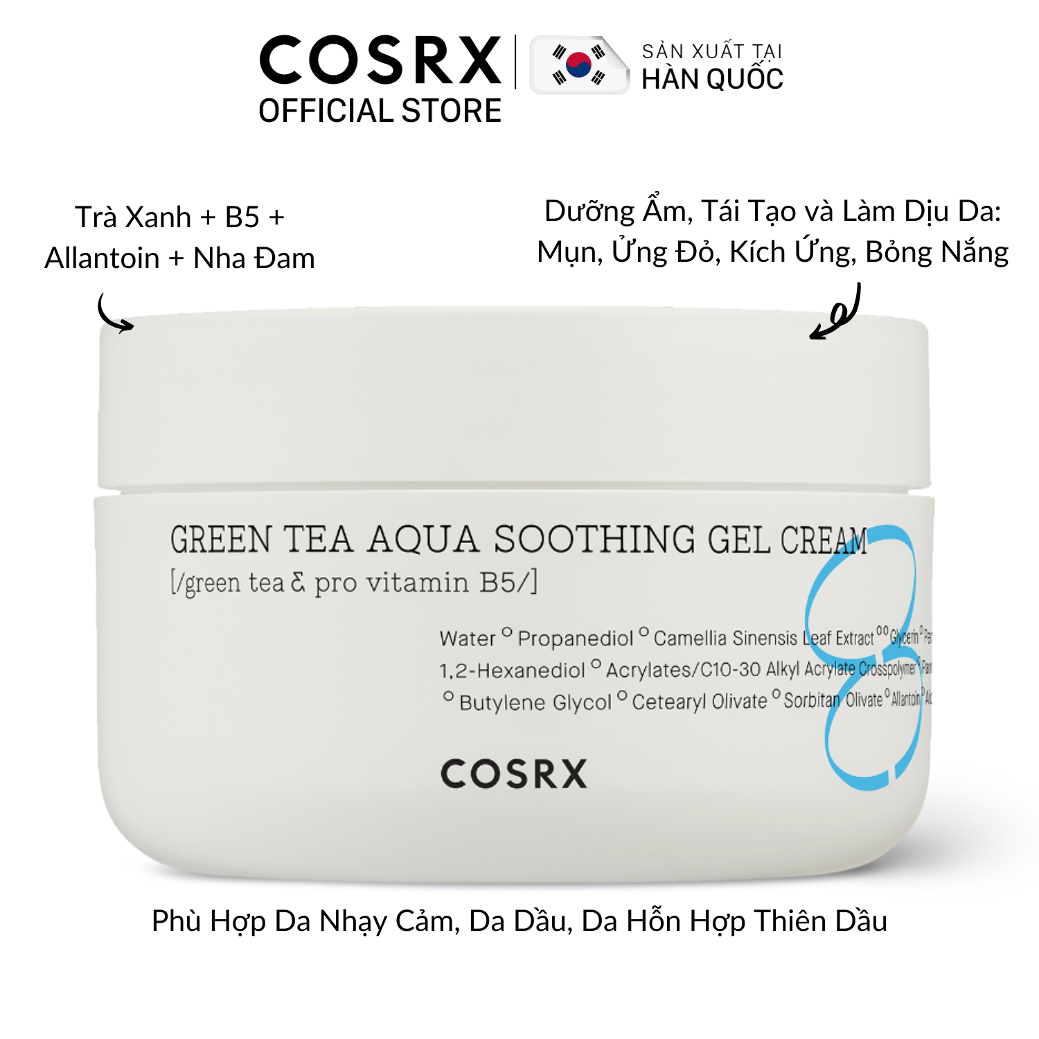 Gel Dưỡng Cấp Nước Và Dịu Da (Trà Xanh + B5) COSRX Hydrium Green Tea Aqua Soothing Gel Cream 50ml