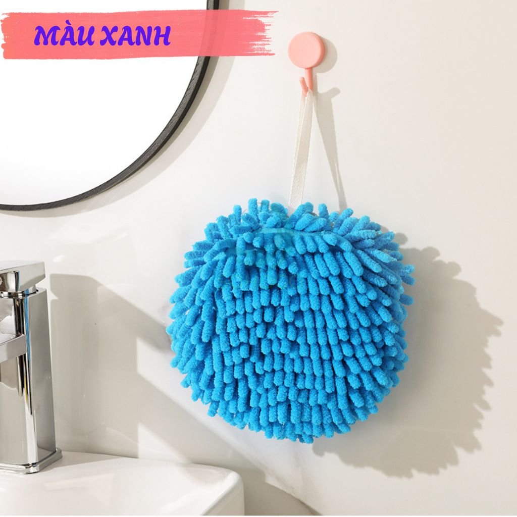 Khăn Lau Tay Treo Tường Microfiber  -Khăn Lau Tay Siêu Mềm Dạng Tròn Treo Nhà BếpNhà Tắm -Khăn Treo Tường Dạng Tua Mềm Mại -Khăn Lau Tay Thấm Hút Hình Quả Cầu Khăn Lau Tay Decor Gắn Tường Microfiber – Màu Xanh