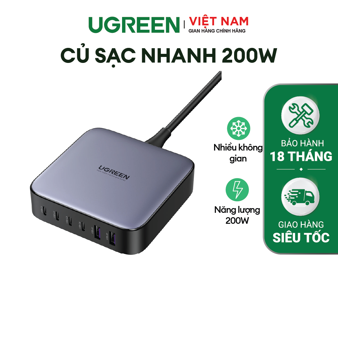 Củ sạc nhanh 200W UGREEN CD271 40913 Đầu ra 6 cổng sạc nhanh GaN PD Sạc được cho macbook Pro/Air, iPad Pro/Mi ...- Hàng Chính Hãng