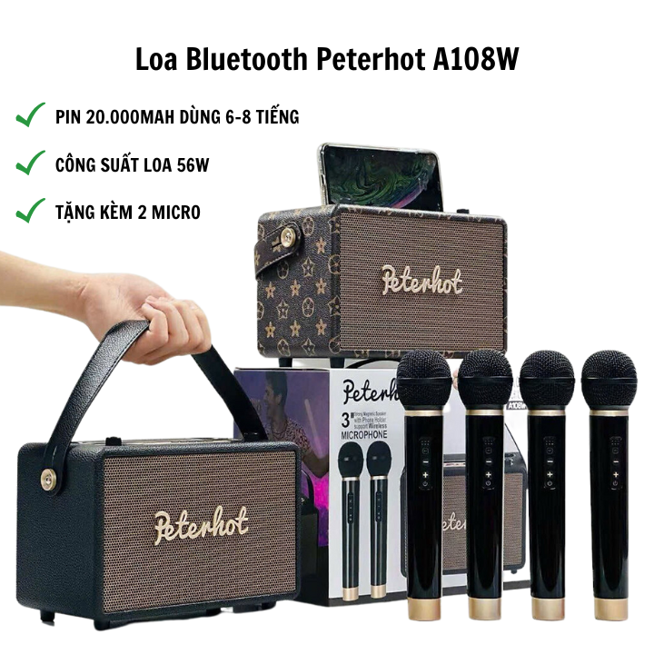 Loa Bluetooth Sothing Peterhot A106W - A108W công suất lớn 56w, dung lượng pin lớn 20.000mAh, kèm 2 micro hát- Hàng chính hãng