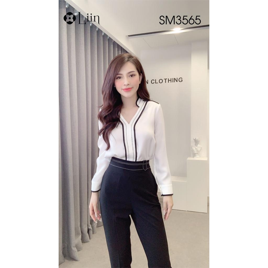 ✹✜Áo sơ mi nữ dài tay form công sở màu Trắng Cổ Tàu kết hợp viền đen thanh lịch Liin Clothing SM3565