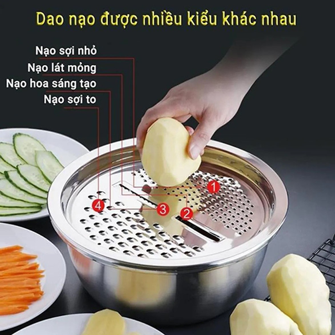 Bộ Nạo Rau Củ 3 Món - Rổ Nạo Rau Củ Kiêm Rổ Chậu Inox Cao Cấp Đa Năng Tiện Lợi - Thiết Kế Hiện Đại
