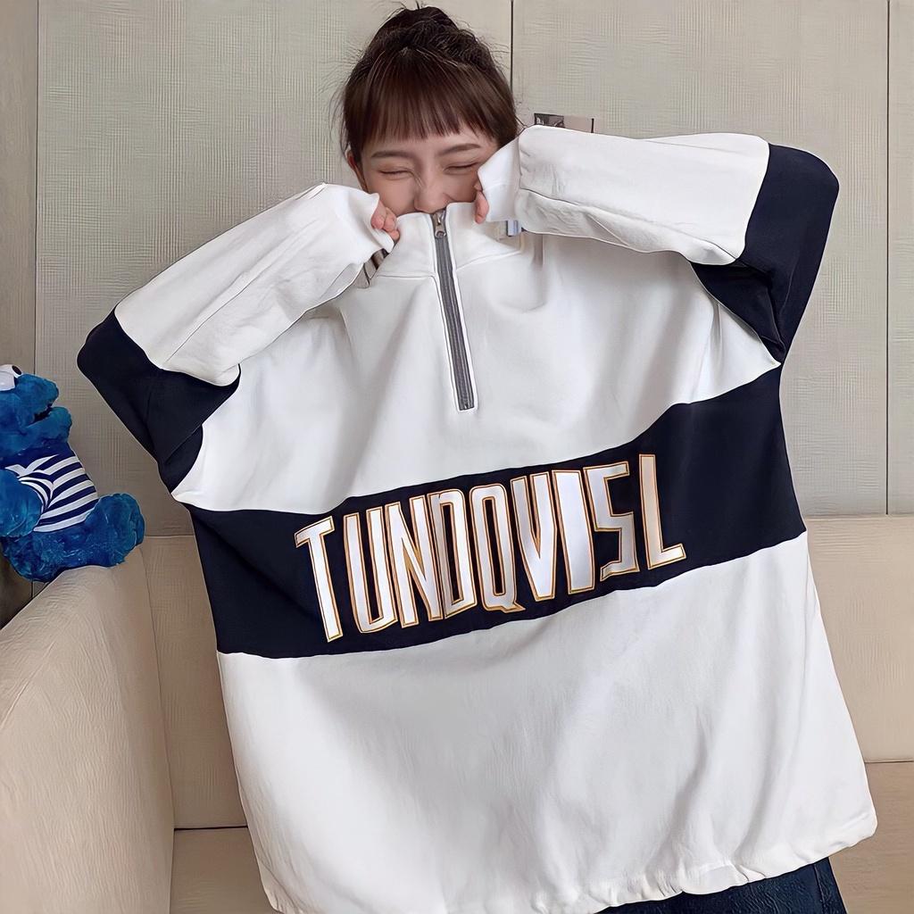 Áo Sweater Zip Nỉ Unisex Cổ Cao Thêu Chữ TUNOQV Dáng Rộng