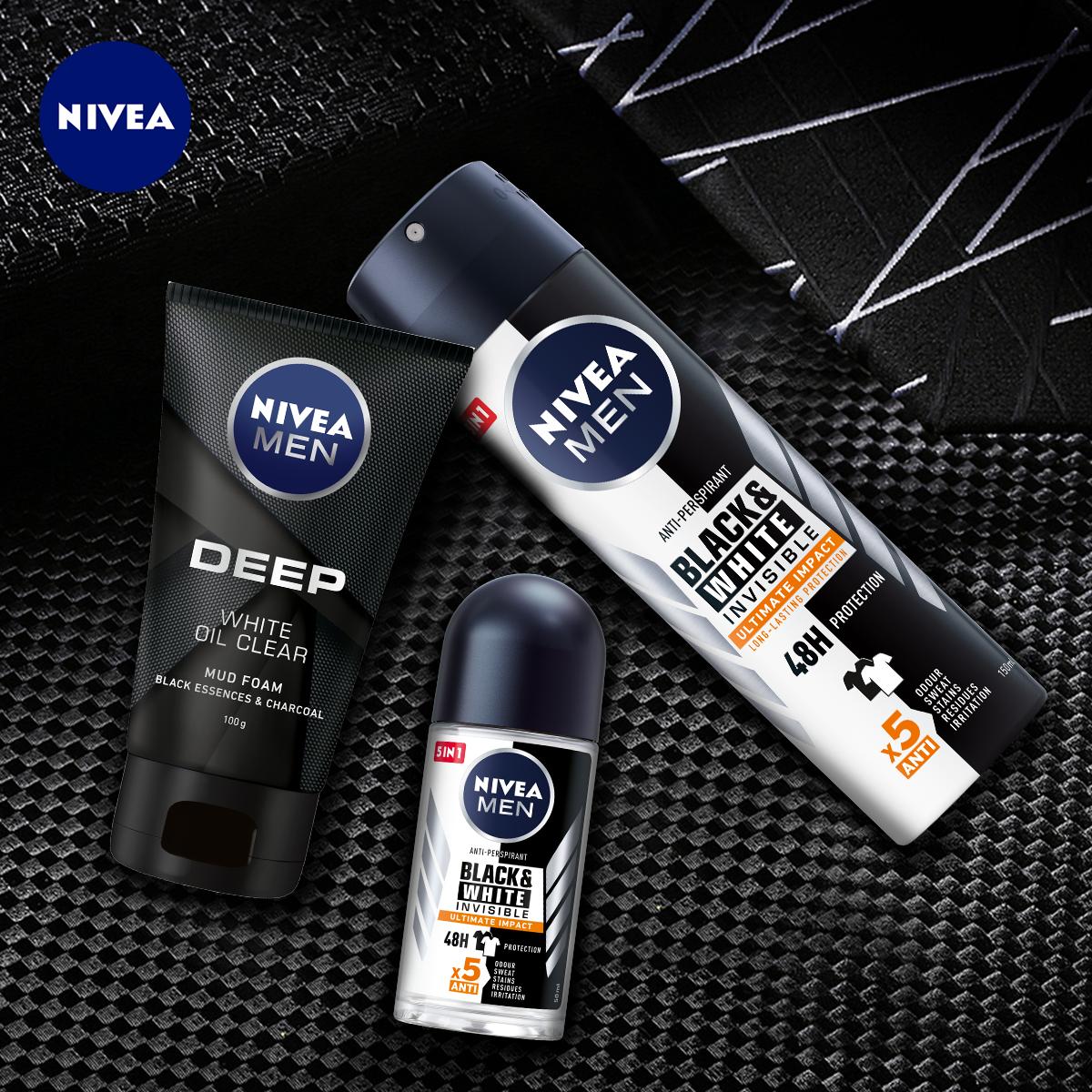 Bộ 3 Xịt và Lăn Ngăn Mùi NIVEA MEN Black &amp; White Ngăn Vệt Ố Vàng Vượt Trội 5in1 ( Xịt ngăn mùi 150ml - 85388 và Lăn ngăn mùi 50ml - 85392) &amp; Sữa Rửa Mặt NIVEA MEN DEEP Than Đen Hoạt Tính Hút Nhờn Sáng Da (100G) - 84415