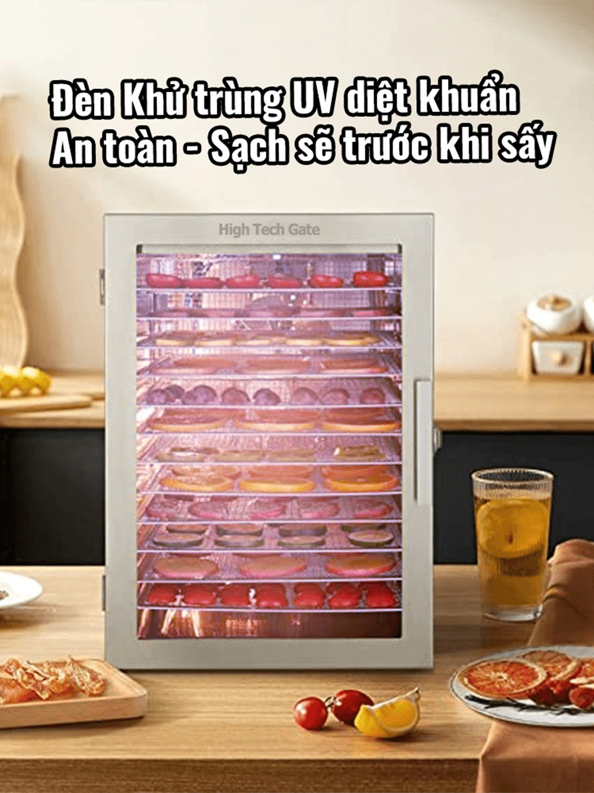Máy Sấy Thực Phẩm Inox 12 Khay HTG ST06 Sấy Khô Hoa Quả, Thịt Cá, Rau Củ, Có Tia UV, Hàng Chính Hãng