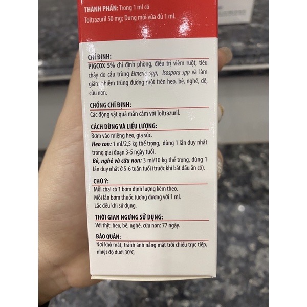 [THÚ Y] 1 lọ PIGCOX 5% 100ml dùng cho viêm ruột , tiêu chảy do cầu trùng Eimeria spp, Isospora spp và làm giảm nhiễm trùng đường ruột trên heo, bê, nghé, dê, cừu non