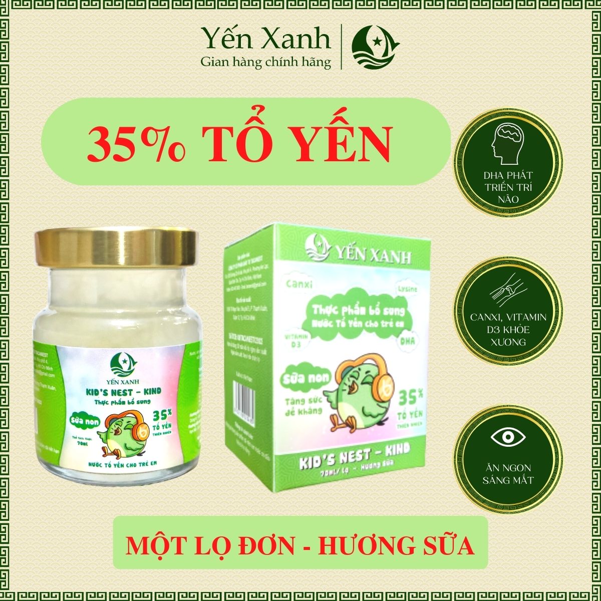 35% tổ yến - Nước tổ yến sào chưng dành cho trẻ em Kid's nest sữa non KIND - Yến Xanh hương sữa - Hộp 1 lọ x 70ml