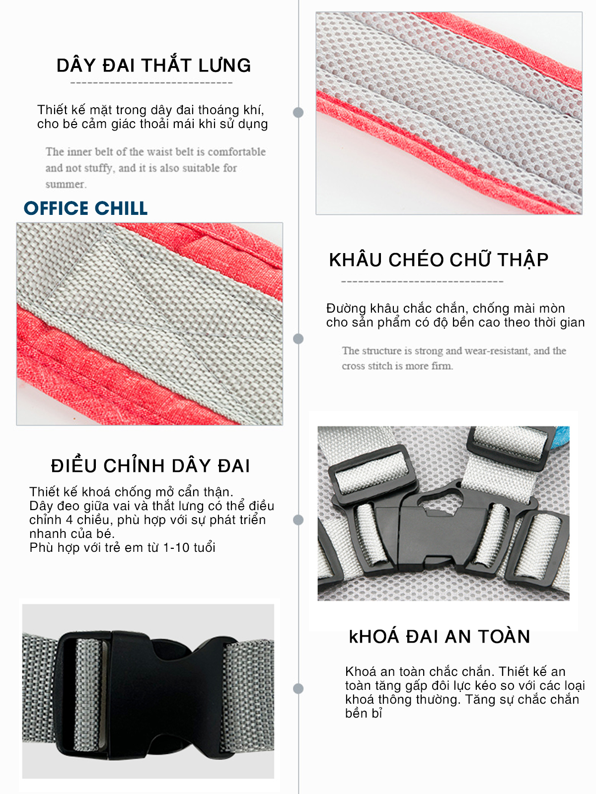 Đai An Toàn Cho Bé Đi Xe Máy OFFICE CHILL Bảo Vệ Bé Ngồi Trước Hoặc Sau Phù Hợp Từ 1 Đến 10 Tuổi