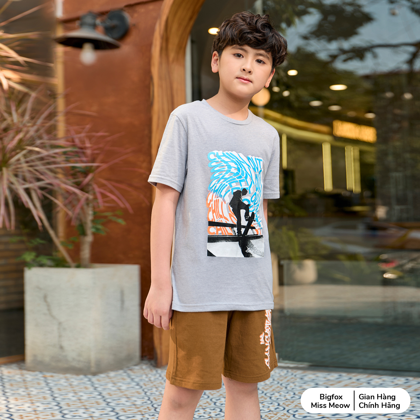 Đồ bộ quần áo thun cotton ngắn tay cho bé trai Bigfox mặc nhà mùa hè trượt ván Chill Out size đại 12-15 tuổi 40kg - 50kg