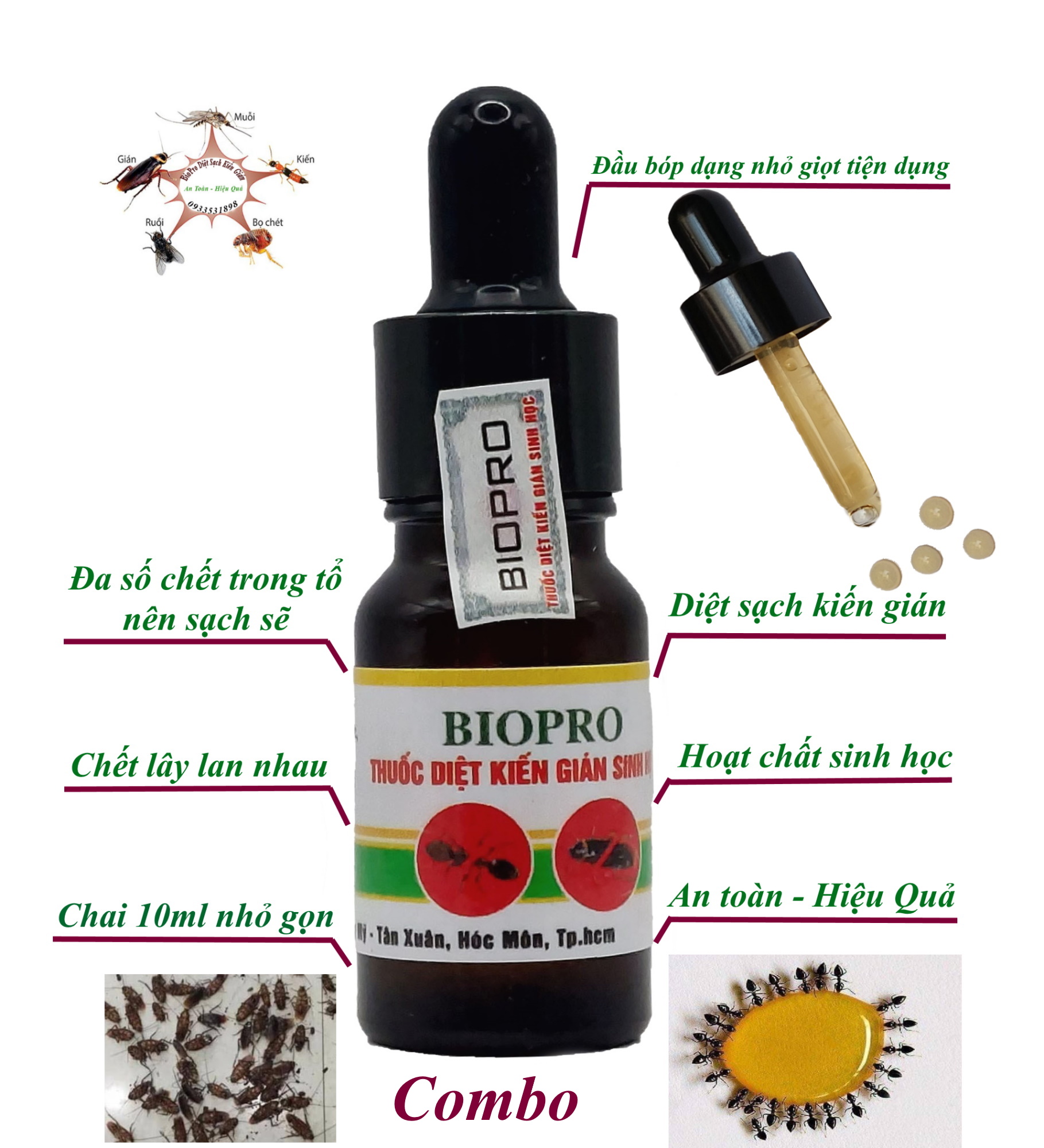 Combo Thuốc Diệt kiến gián sinh học Biopro chai 10ml Dạng ống bóp nhỏ giọt tiện lợi An toàn Hiệu quả Diệt sạch kiến gián