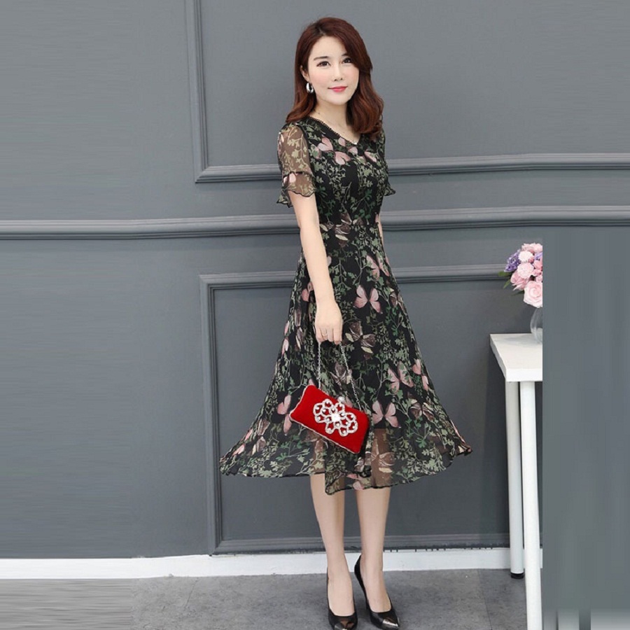 Đầm Xòe Voan Hoa 3D Tay Loe Cao Cấp