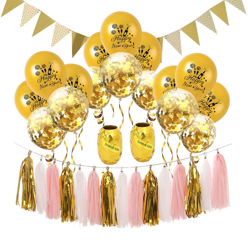 Happy New Year Balloon Tassel Bunting Banner Set Party Decoration Gold