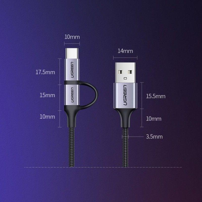 Ugreen UG30875US177TK 1m cáp USB A ra Micro + Type C màu đen dây bện dù đầu bọc nhôm - HÀNG CHÍNH HÃNG