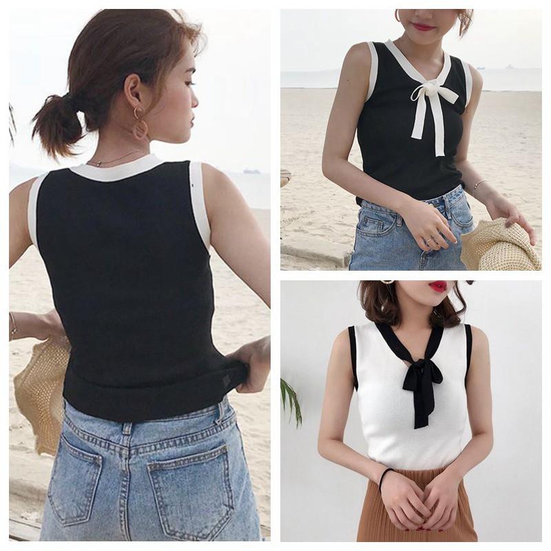 Áo Tank Top dệt kim cổ chữ V phong cách Hàn Quốc