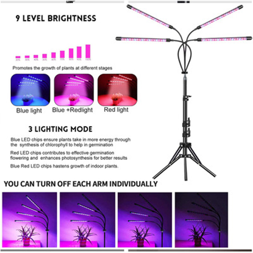 Đèn LED 4 đầu cho cây trồng, có 3 chế độ, 9 cấp độ điều chỉnh sáng cho cây phát triển