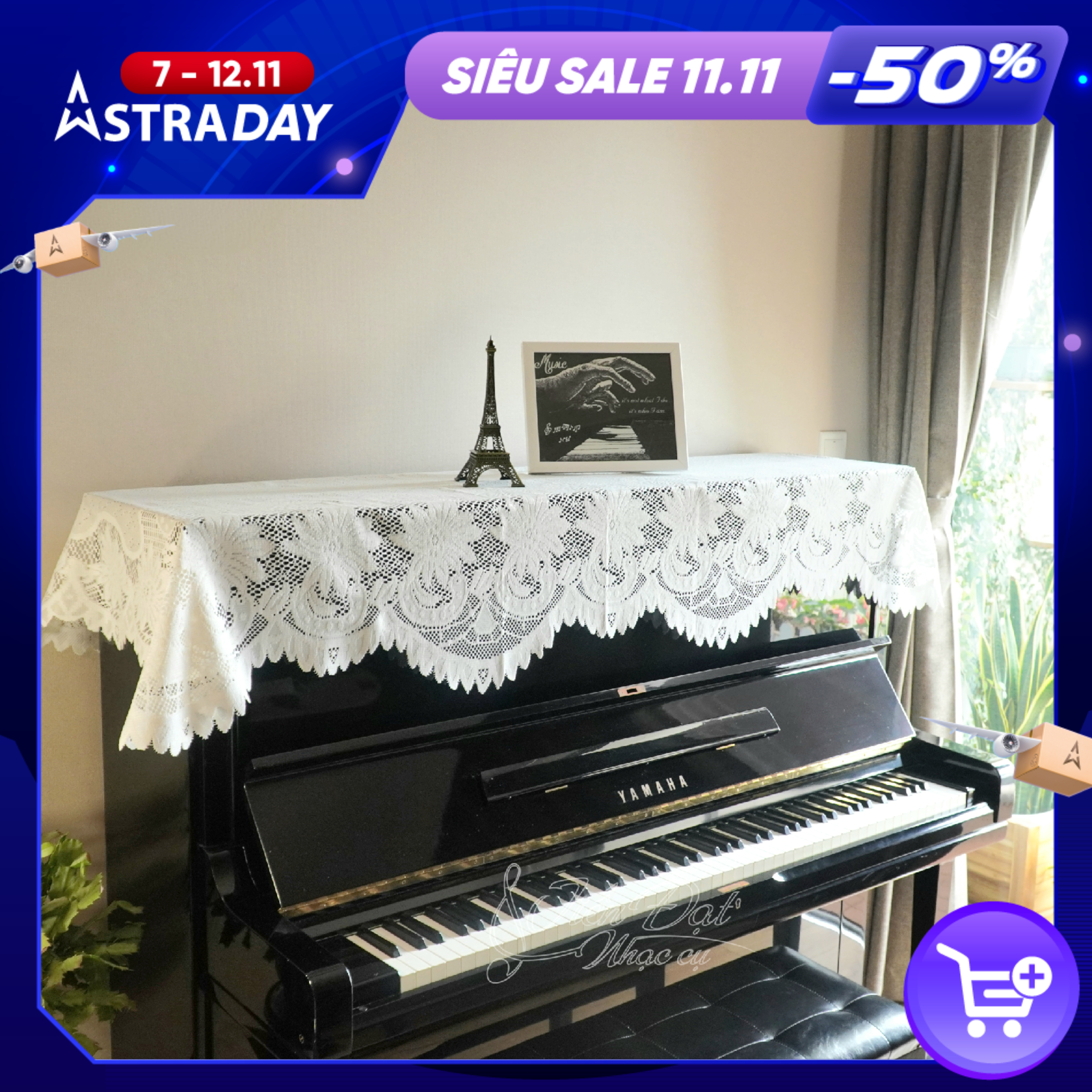 Khăn Phủ Đàn Piano Vải Ren Cao Cấp Thiết Kế Hoa Cúc Trắng Sang Trọng KU-01