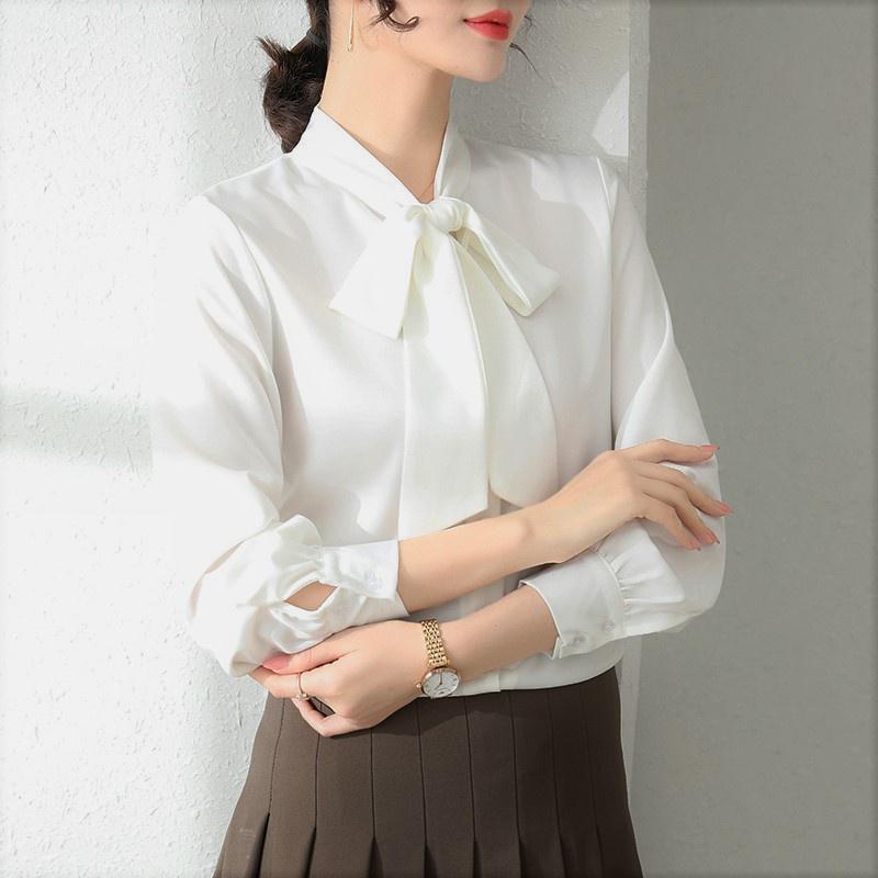 Áo Sơ Mi Kiểu Công Sở Đẹp CHIPY Tay Dài Cổ Thắt Nơ Màu Trắng Chất Lụa Cao Cấp From Rộng Hàn Quốc Ulzzang Vintage A1T