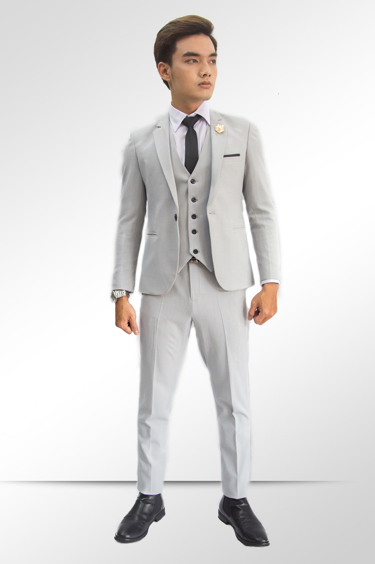 Bộ vest nam 1 nút và gile ôm body màu xám sáng chất liệu co dãn , thoáng mát tặng kèm combo phụ kiện