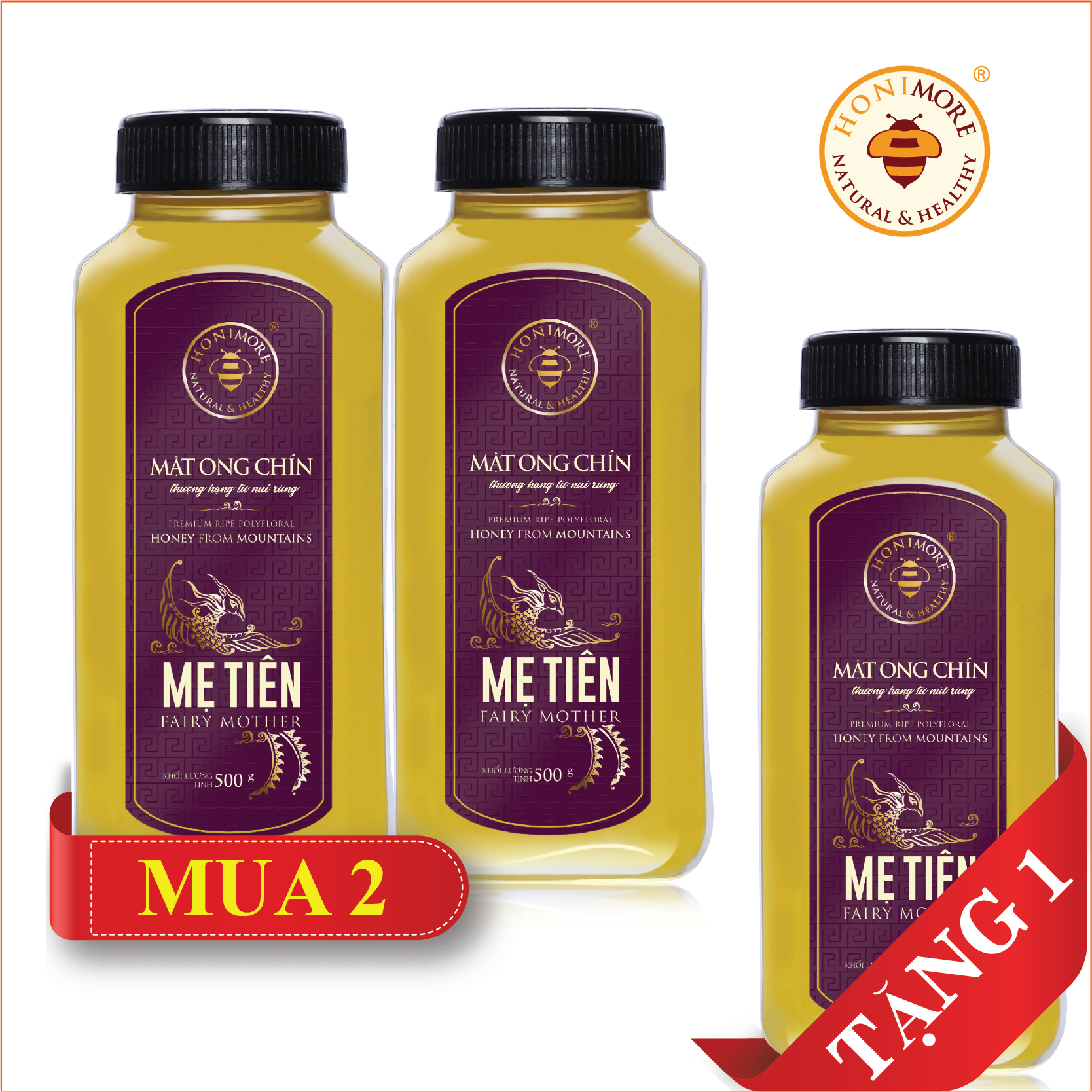 Bộ 2 chai Mật ong nguyên chất Rừng Tây Bắc - Mật ong chín Honimore Mẹ Tiên chai 500g - TẶNG 1 CHAI CÙNG SIZE