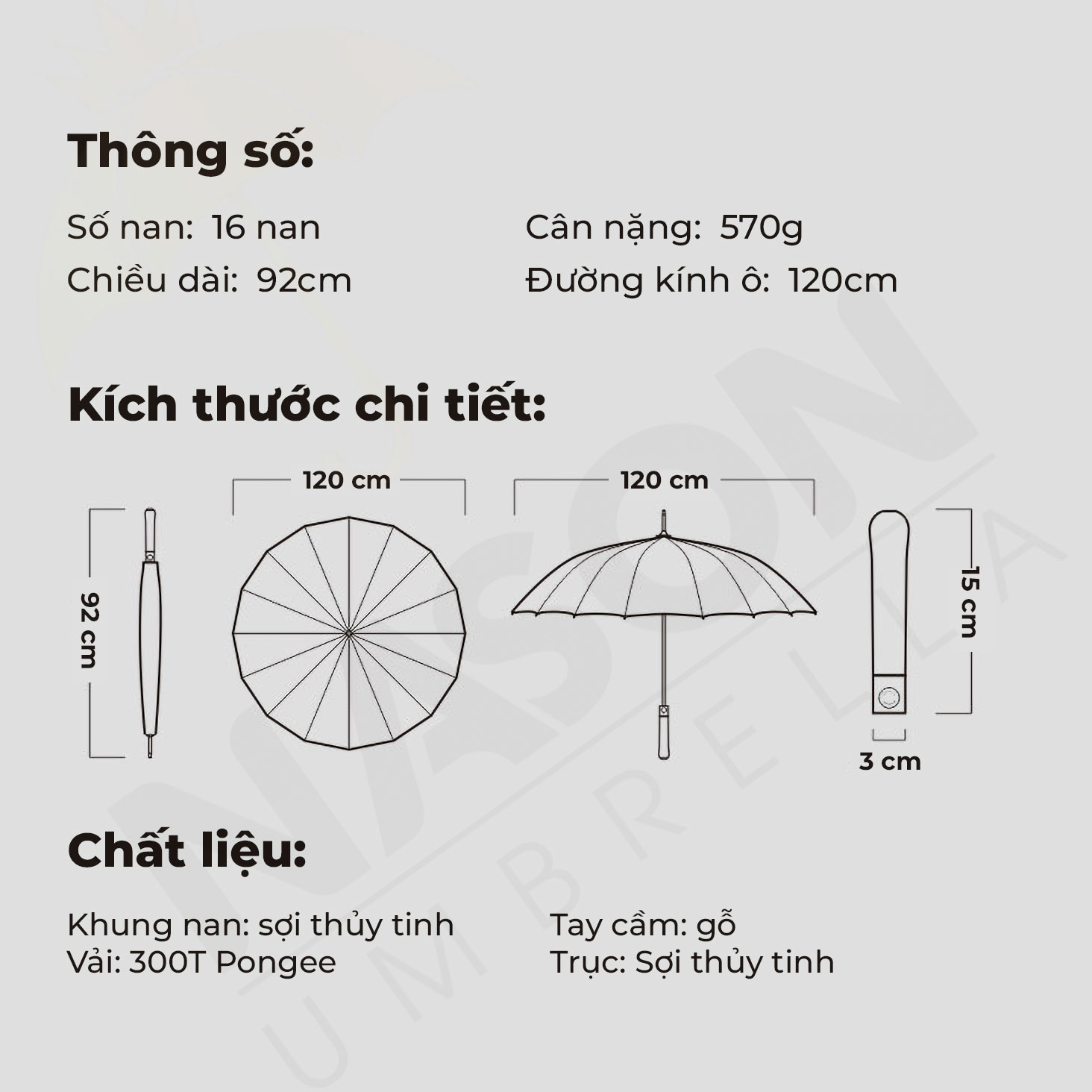 Ô dù tán rộng che nắng mưa H27 NASON, 16 nan, khắc tên lên tay cầm gỗ, chống lật trong gió to, che 2 3 người