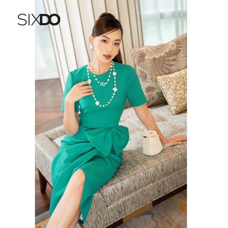 Đầm midi raw phối nơ eo xẻ vạt thanh lịch SIXDO