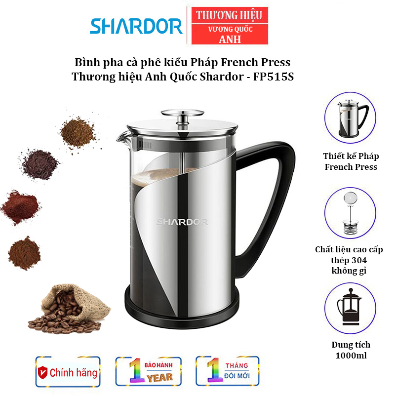 Bình pha cà phê kiểu Pháp French Press nhãn hiệu Shardor FP515S dung tích 1 lít Tích hợp hệ thống 4 bộ lọc cần gạt - HÀNG NHẬP KHẨU