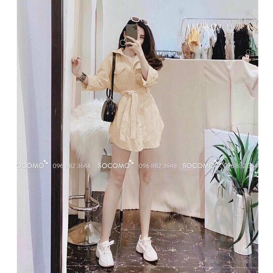 Đầm sơmi cột nơ eo kèm quần short ngắn