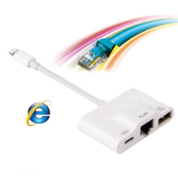 Adapter Lightning Ethernet cổng Lan RJ45 và Hub USB (kết nối bàn phím rời và OTG ) cho iPhone/ iPad - Hàng Chính Hãng