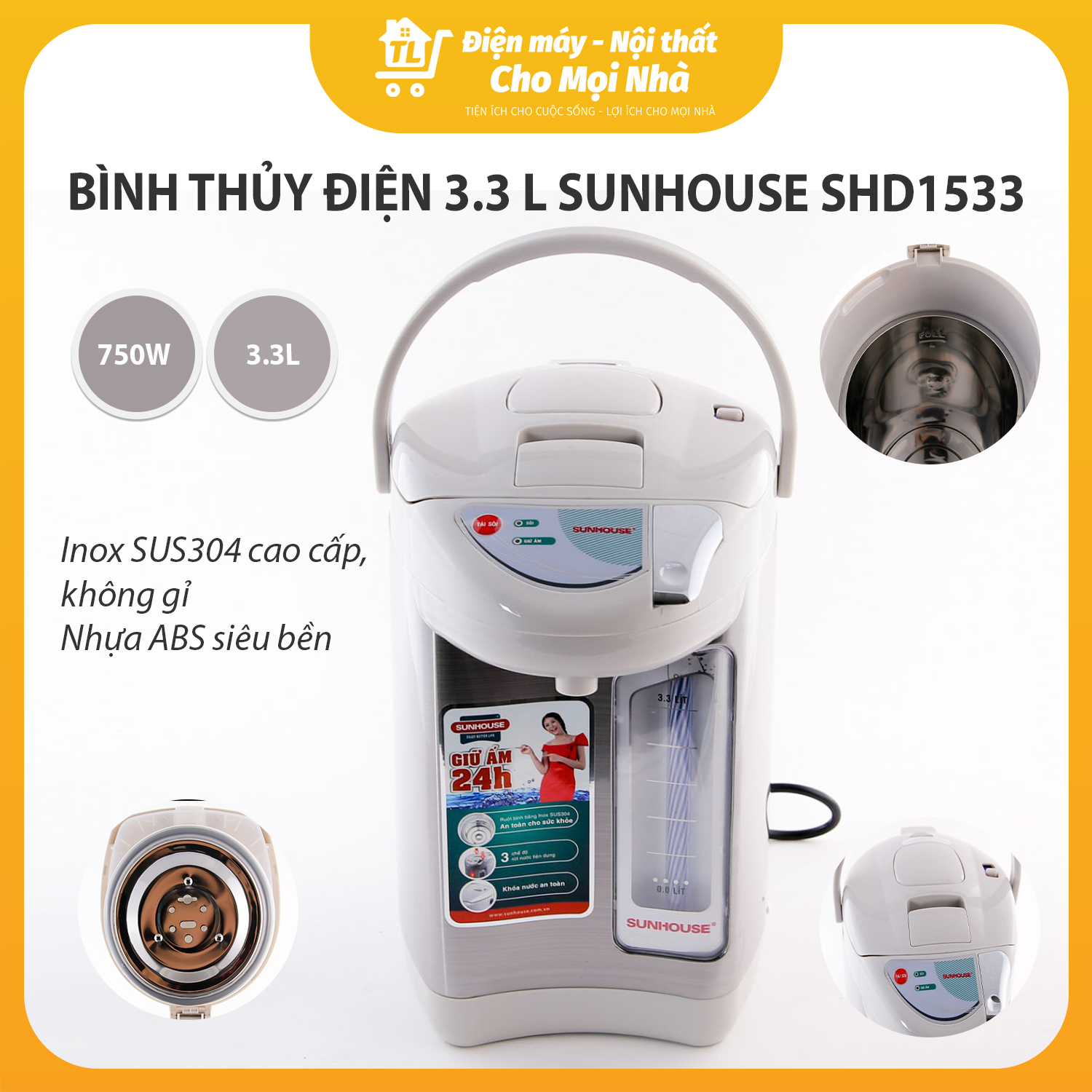 Bình Thủy Điện Sunhouse SHD 1533 (3.3L) - Hàng chính hãng