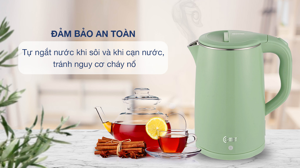 Bình đun siêu tốc Comet CM8218 – Hàng chính hãng - Inox 304 chống gỉ, dung tích 1.8L, công suất 1500W – Tự ngắt an toàn, thiết kế sang trọng