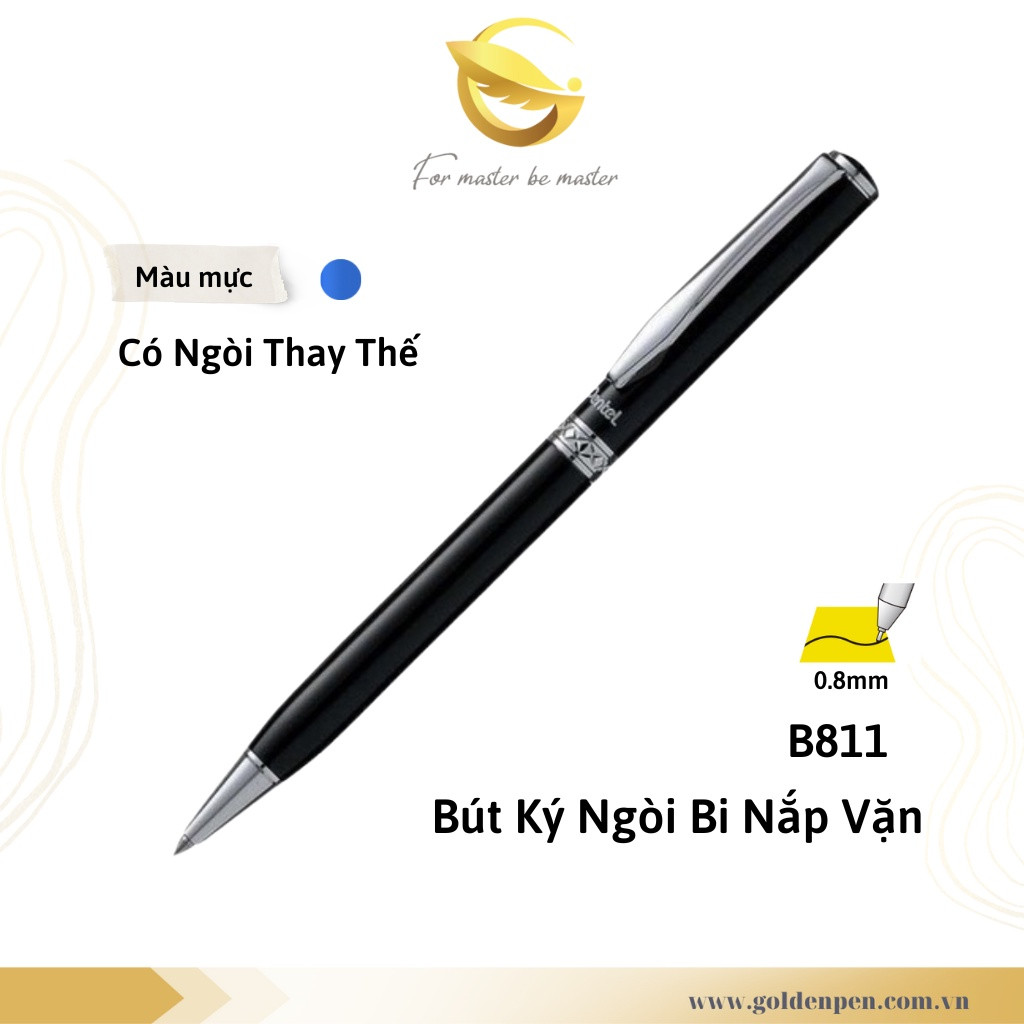 Bút Ký Cao Cấp Pentel B811A-C Thân Đen Viền Trắng Nét 0.8mm - Mực Xanh