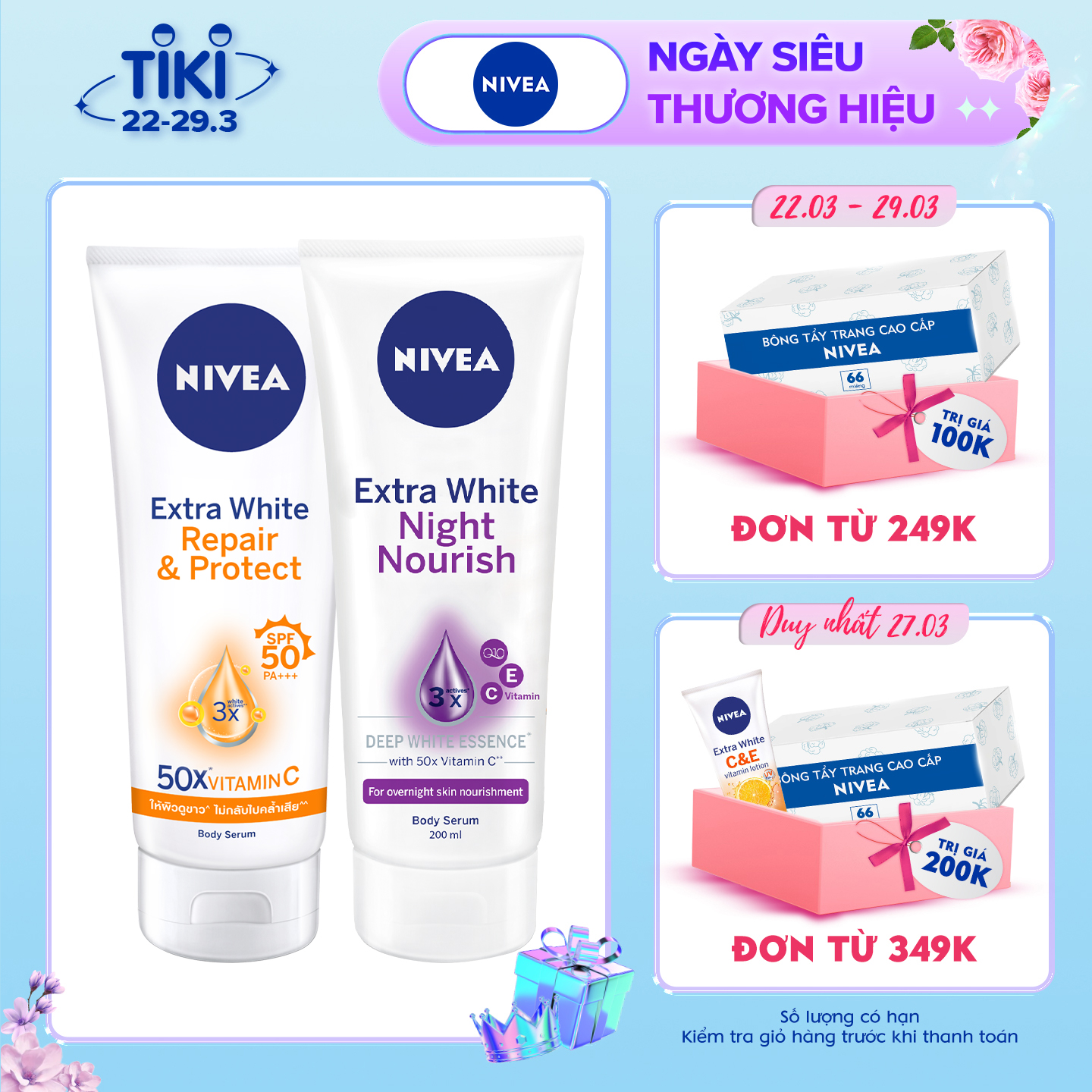 Combo Tinh chất dưỡng thể trắng da NIVEA ngày 180ml &amp; đêm 200ml (88314+89122)