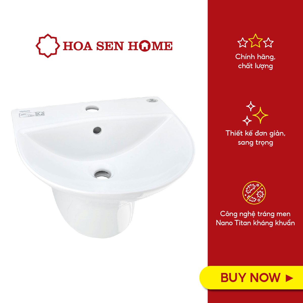 Bộ lavabo treo tường liền chân Viglacera V63 sứ Ceramic cao cấp, men Nano kháng khuẩn, chuẩn ISO 9001, có lỗ xả tràn - Hoa Sen Home - Hàng chính hãng
